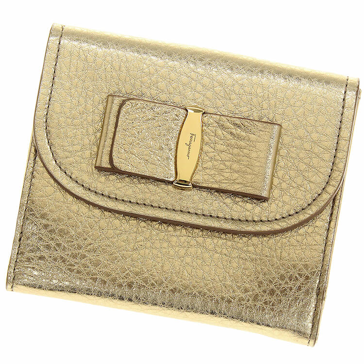 フェラガモ 二つ折り財布 Ｗホック リボン ゴールド