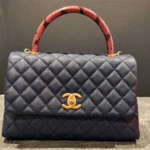 シャネル マトラッセ トップハンドル フラップバッグ ラージ ネイビー キャビアスキン/パイソンアンティークゴールド金具 A92991