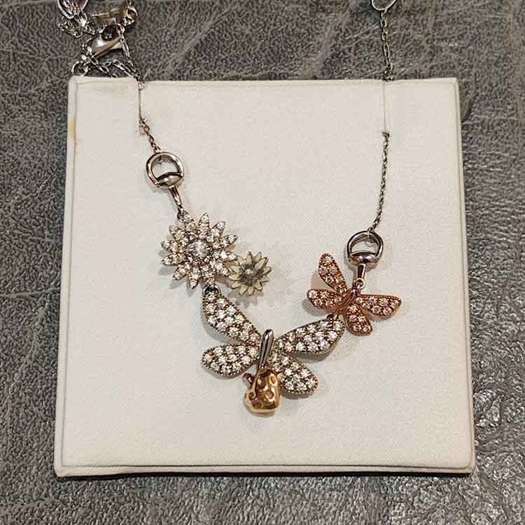 グッチ フローラコレクション ネックレス K18ピンクゴールド/ホワイトゴールド エナメル ダイヤモンド