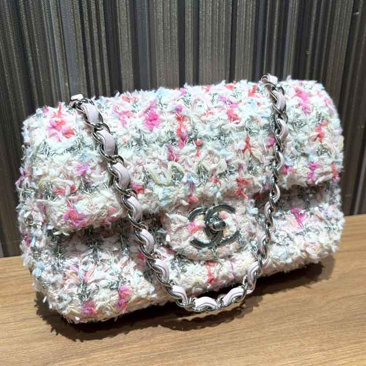 シャネル フラップ ミニ チェーンショルダーバッグ ピンク ツイード シルバー金具 A69900