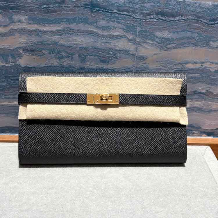 エルメス ケリーウォレットロング 黒 エプソン ゴールド金具 D刻印