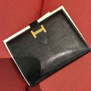 エルメス ベアンコンパクト 黒 リザード ゴールド金具 W刻印