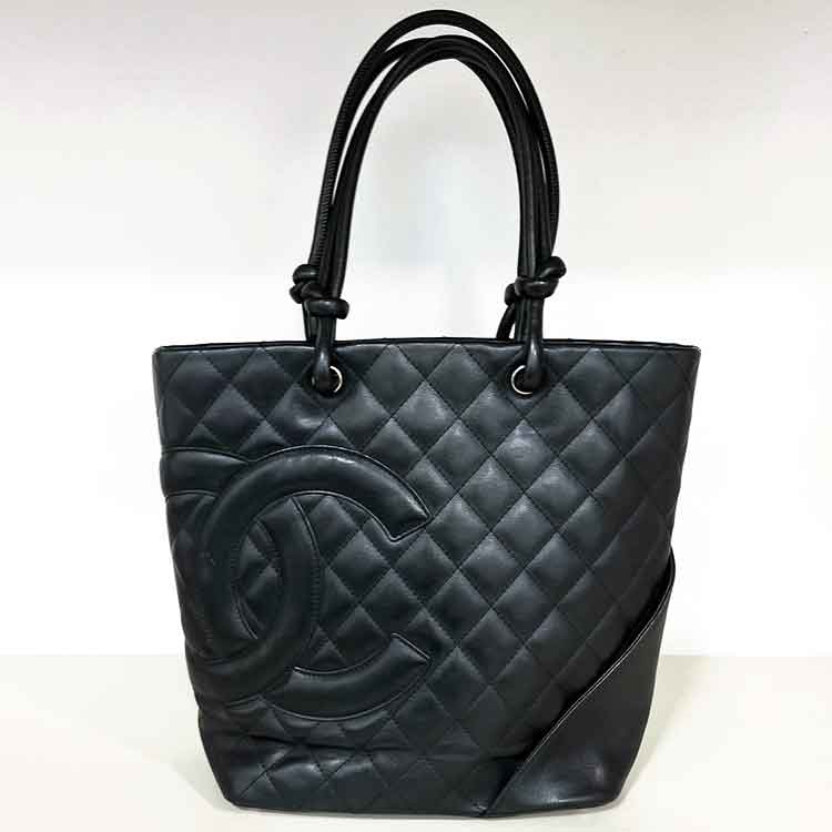 シャネル カンボン ミディアムトートバッグ 黒 ラムスキン シルバー金具 A25167