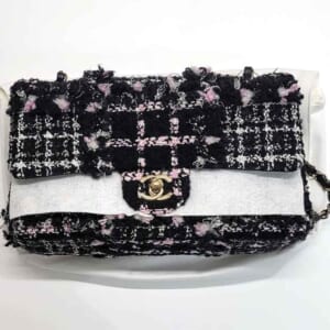 シャネル チェーンショルダーバッグ 25cm 黒/白/ピンク ツイード/ラムスキン/スパンコール ゴールド金具 A01112