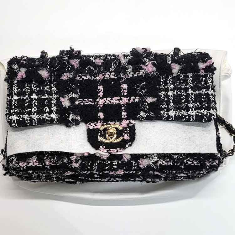 シャネル チェーンショルダーバッグ 25cm 黒/白/ピンク ツイード/ラムスキン/スパンコール ゴールド金具 A01112