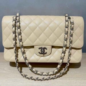 シャネル マトラッセ25 Wフラップ チェーンショルダーバッグ ベージュ キャビアスキン シルバー金具 16番