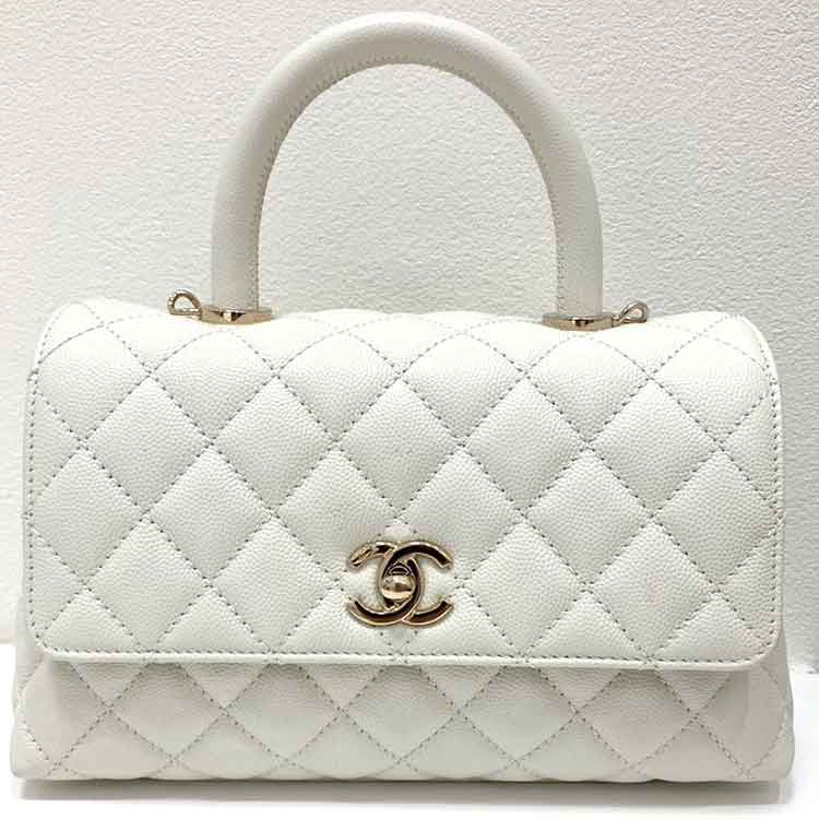 シャネル ココハンドルXS 2WAY ハンドバッグ ホワイト キャビアスキン シャンパンゴールド金具 A92990 ランダム