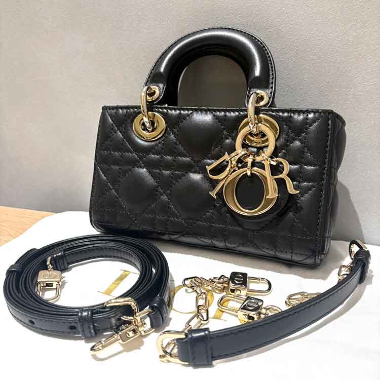 クリスチャン・ディオール レディ D-JOY カナージュ 2wayバッグ マイクロ 黒 ラムスキン シャンパンゴールド金具 S0910ONGE