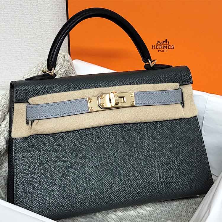 エルメス ミニケリー2 トリコロール ヴェールマングローブ/黒/グリパンタン エプソン シャンパンゴールド金具 K刻印