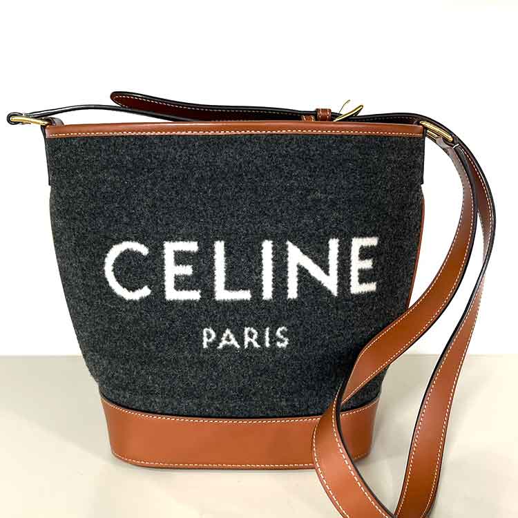 セリーヌ CELINEロゴ バケット ショルダーバッグ スモール ダークグレー/ブラウン フェルト/レザー ゴールド金具