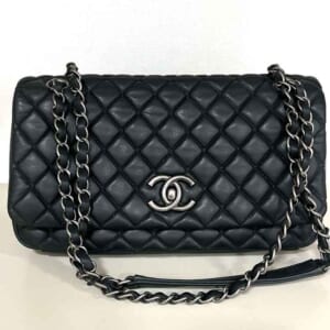 シャネル マトラッセ シングルフラップ Wチェーンショルダーバッグ 黒 レザー アンティークシルバー金具