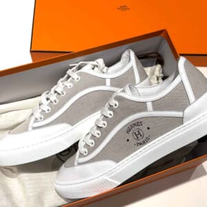 エルメス スニーカー ゲット 40H グレー/白 レザー/キャンバス