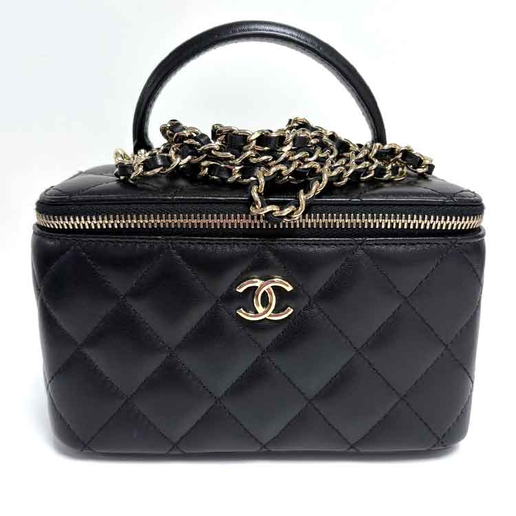 シャネル マトラッセ トップハンドル ヴァニティケース 黒 ラムスキン ゴールド金具 AP2199