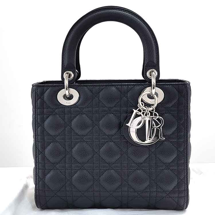 クリスチャン・ディオール カナージュ レディディオール 2WAYハンドバッグミディアム 黒 グレインドカーフレザー シルバー金具 M0565PWRT_M900