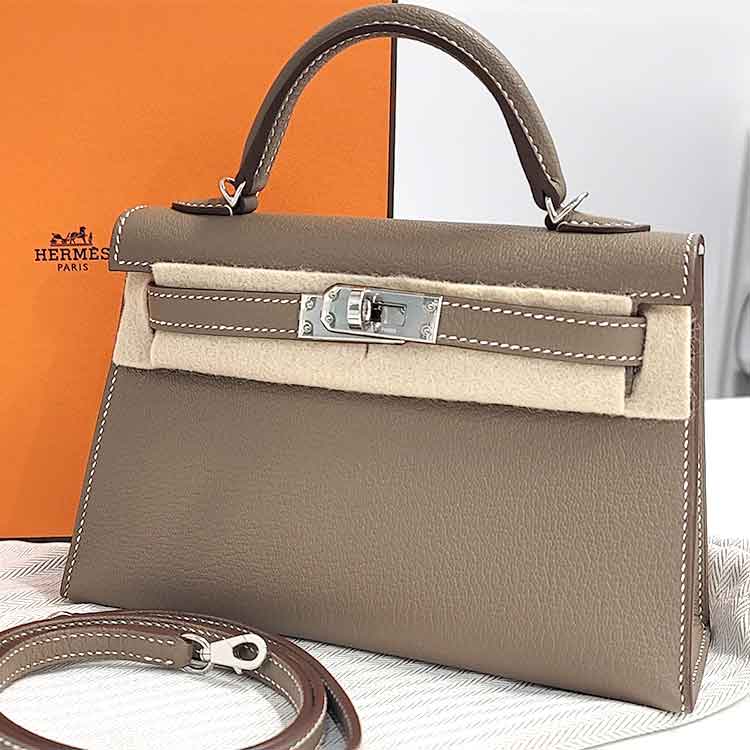 エルメス ミニケリー2 エトゥープ/ニューホワイト シェブルミゾル シルバー金具 W刻印