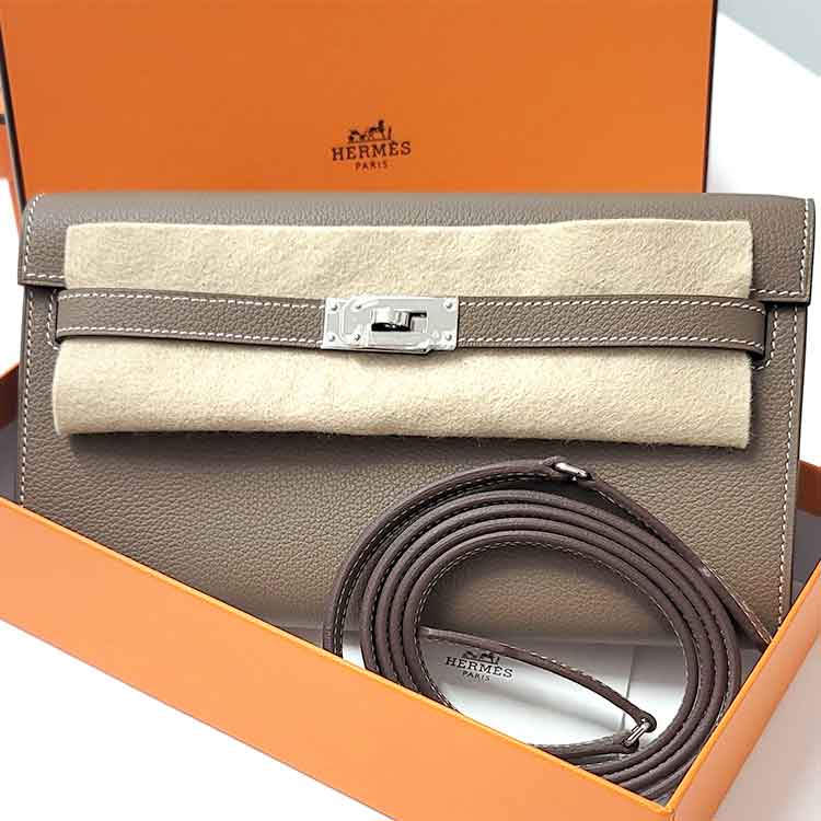 エルメス ケリーウォレットロング トゥーゴー エトゥープ エバーカラー シルバー金具 W刻印