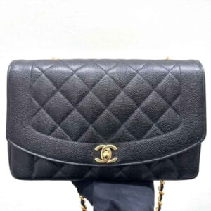 シャネル ダイアナ25 シングルフラップ チェーンショルダーバッグ 黒 キャビアスキン アンティークゴールド金具 A01165
