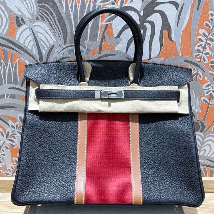 エルメス バーキン35 クラブ ブルーインディゴ/ルージュカザック/フォーブ　フィヨルド/ヴォーバレニア/オットマン シルバー金具 □Q刻印