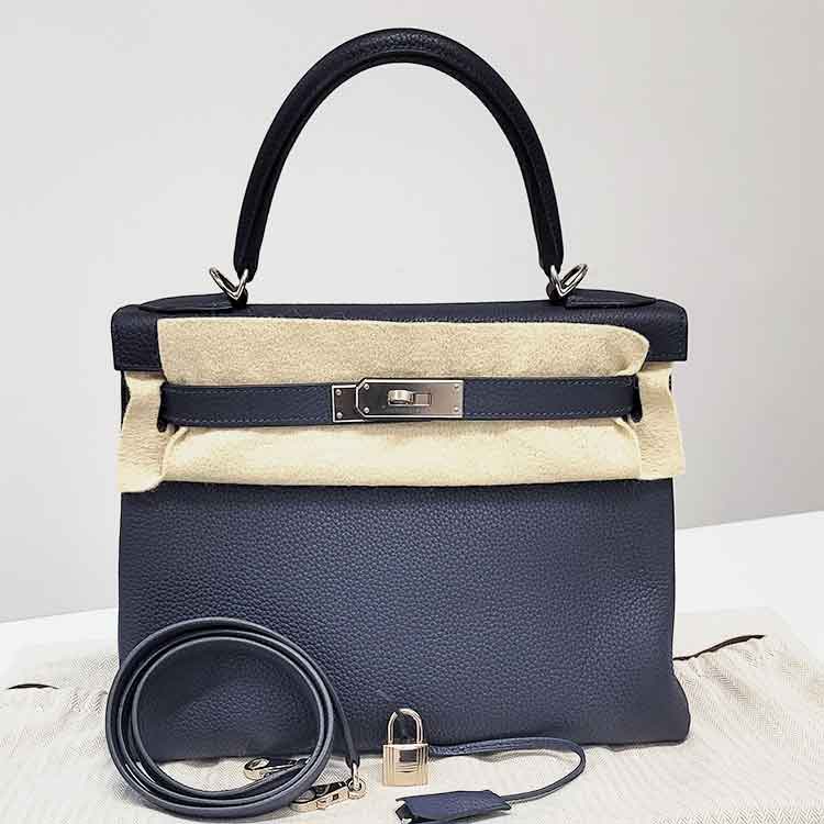 エルメス ケリー28 ブルーニュイ トゴ シルバー金具 C刻印