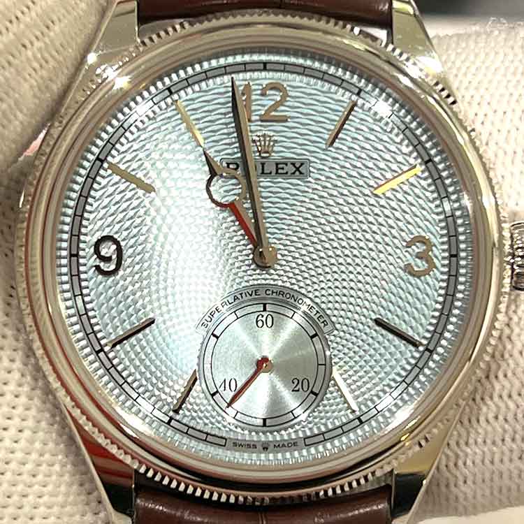 ロレックス パーペチュアル 1908 39mm アイスブルー文字盤 PT950/レザー 52506