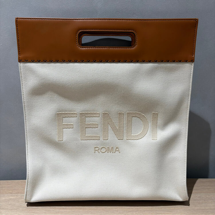 フェンディ ショッピングバッグ ブラウン/白 レザー/キャンバス シルバー金具 7VA481