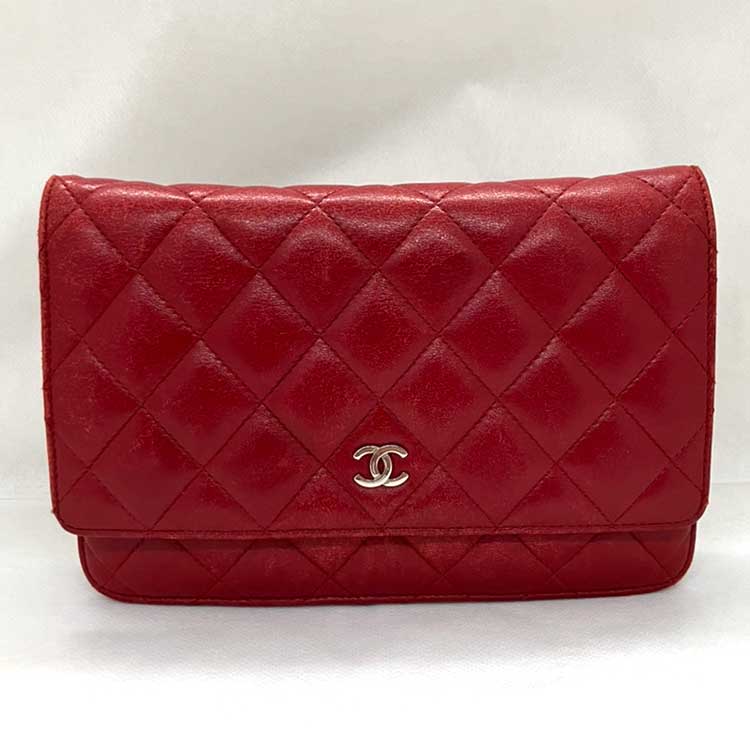 シャネル マトラッセ チェーンウォレット レッド ラムスキン シルバー金具 A33814