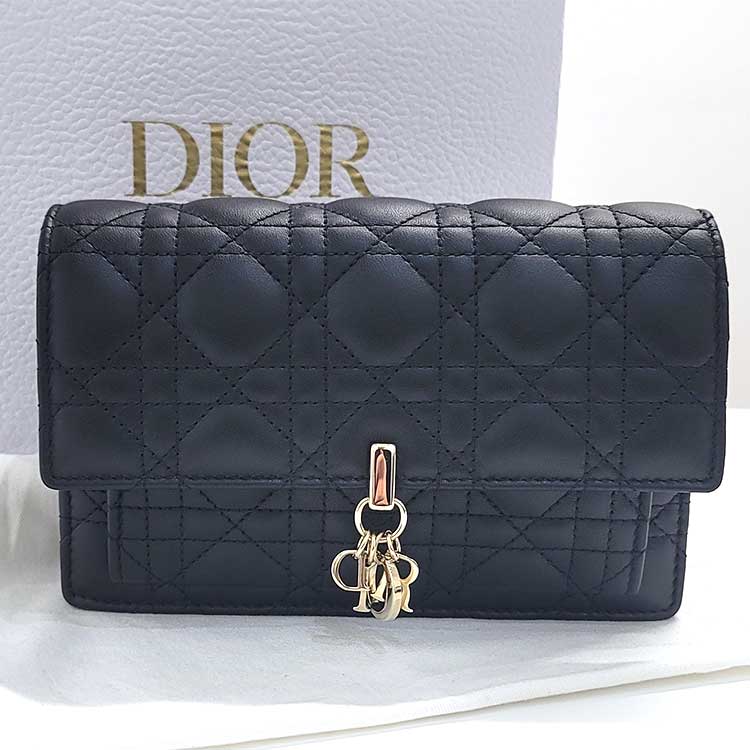 クリスチャン・ディオール カナージュ デイリーチェーンポーチ 黒 ラムスキン シャンパンゴールド金具 S0937ONMJ
