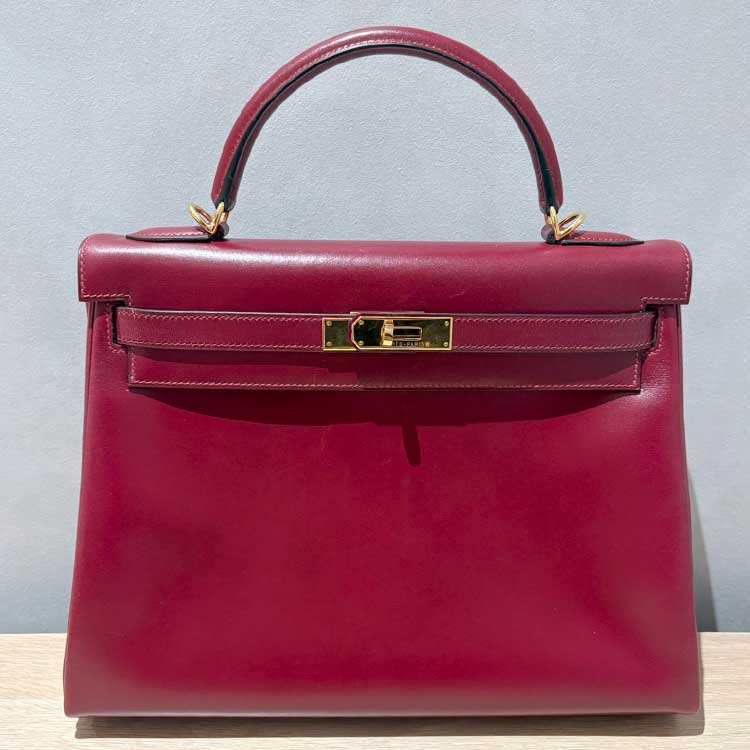 エルメス ケリー32 ルージュアッシュ ボックスカーフ ゴールド金具 □E刻印