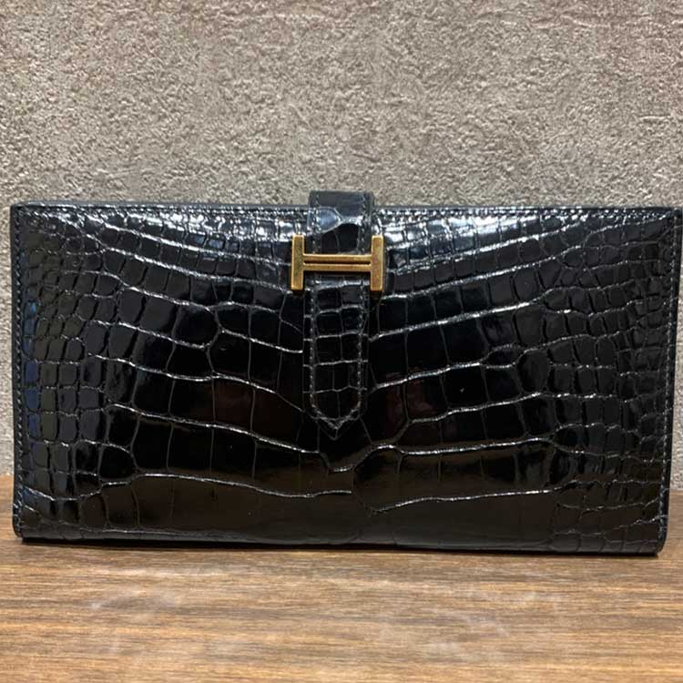 エルメス ベアンスフレ 黒 アリゲーターシャイン ゴールド金具 D刻印