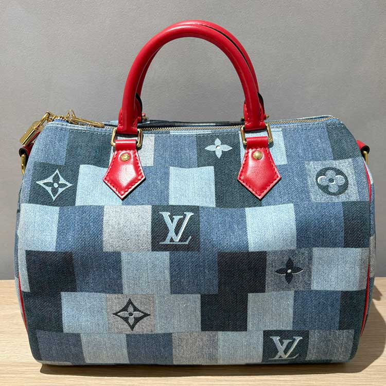 ルイ・ヴィトン モノグラム・デニム スピーディ・バンドリエール30 ブルー/レッド ゴールド金具 M45041