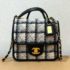 シャネル トップハンドル チェーンショルダーバッグ ホワイト/ブラック/マルチ ツイード/ラムスキン アンティークゴールド金具 AS3652