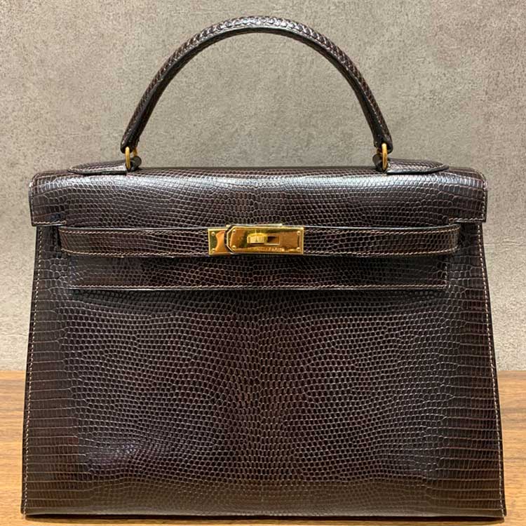 エルメス ケリー32 セリエ(外縫い) ブラウン リザード ゴールド金具 〇R刻印