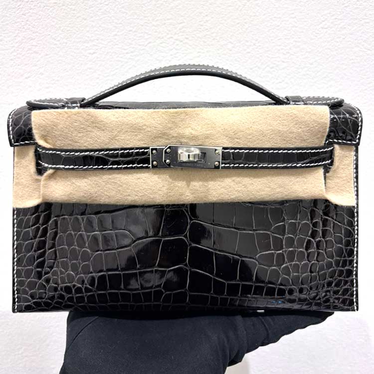 エルメス ポシェットケリー SPO グラファイト/ナタ アリゲーターシャイン シルバー金具 K刻印