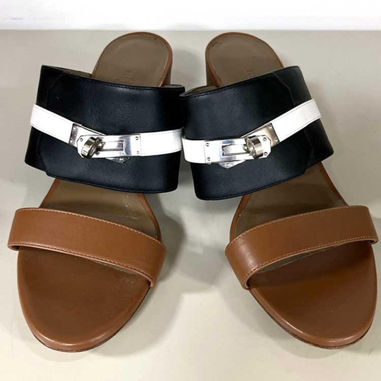 エルメス オヴァシオン サンダル 37・1/2 ブラウン/ブラック/ホワイト レザー シルバー金具