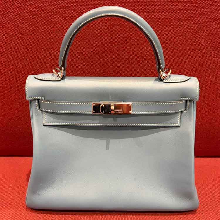 エルメス ケリー28 セリエ(外縫い) ブルージーン エバーカラー シルバー金具 □J刻印