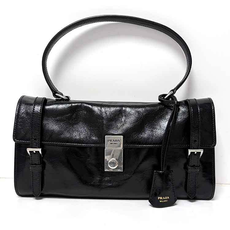 プラダ 2WAY ショルダーバッグ ミディアム ブラック レザー シルバー金具 1BN026
