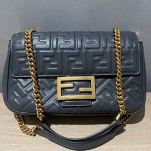 フェンディ バゲット ショルダーバッグ チェーン ミディ ダークグレー レザー ゴールド金具 8BR793AH9CF1IV7