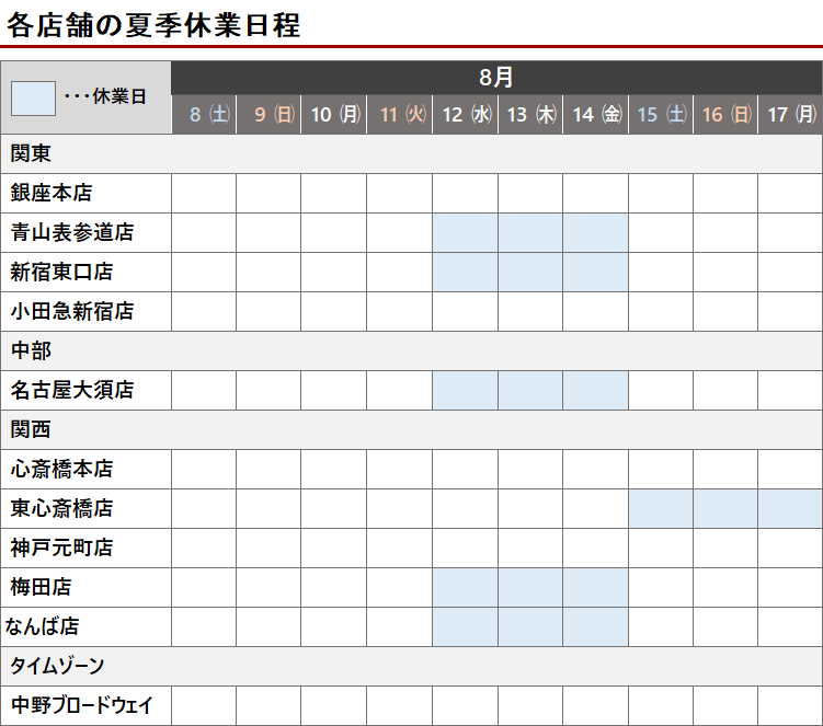店舗夏季休業のお知らせ