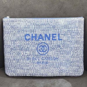 シャネル ドーヴィル クラッチバッグ ブルー/ホワイト ツイード シルバー金具 A80118
